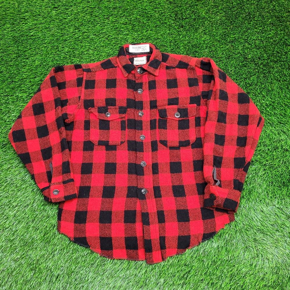 Vintage 50s Melton Wool Button Shirt Large 22x27 Buffalo-Plaid